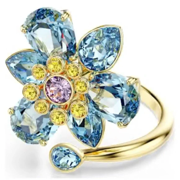 NEW Swarovski Idyllia ring Mixed cuts Flower blue Gold-tone plated Size 7 Box - Picture 1 of 9